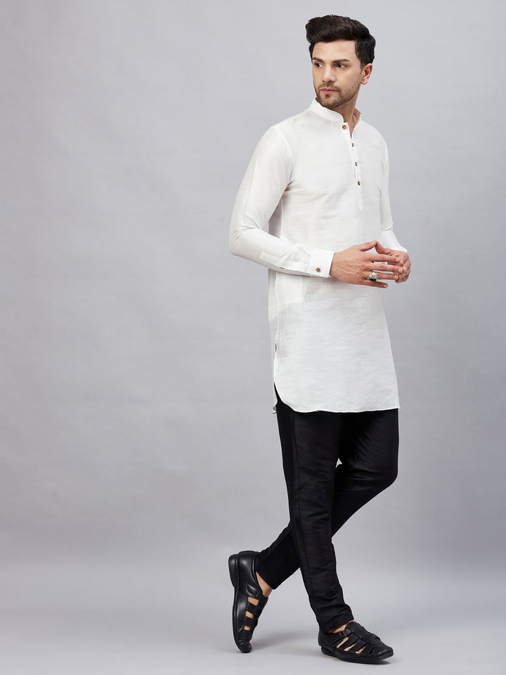 VM By VASTRAMAY Men's White Silk Blend Curved Kurta Pant Set