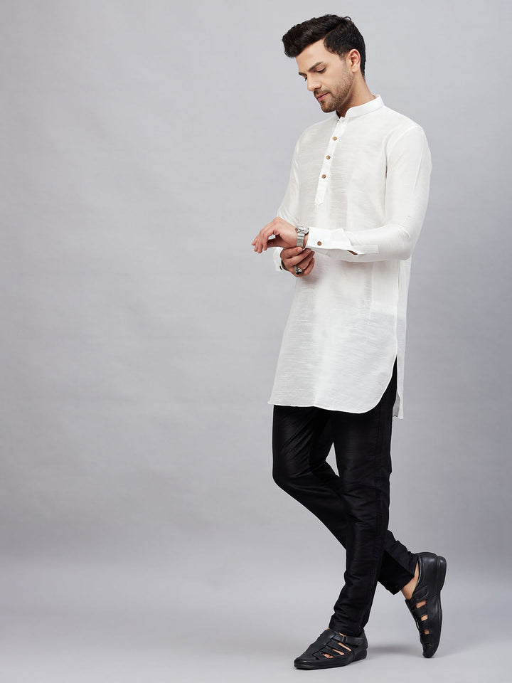 VM By VASTRAMAY Men's White Silk Blend Curved Kurta Pant Set