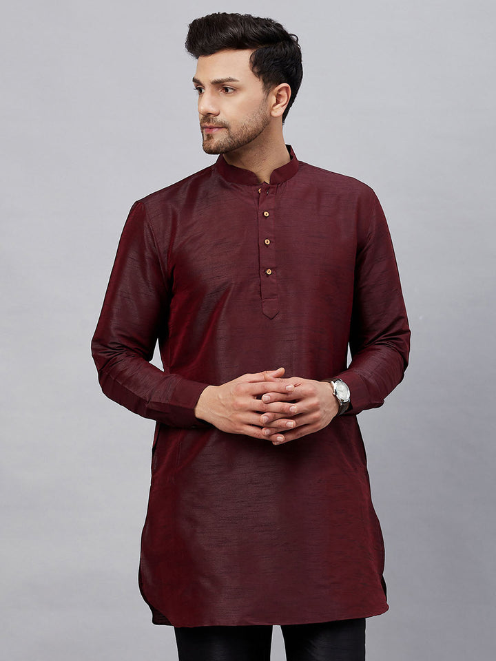 VM By VASTRAMY Men's Burgundy Silk Blend Curved Kurta