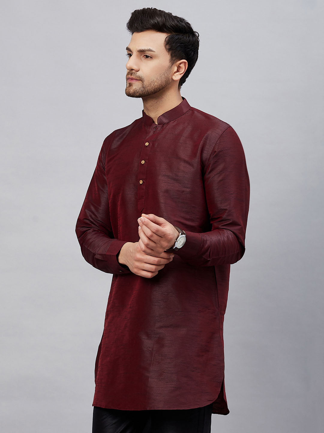 VM By VASTRAMY Men's Burgundy Silk Blend Curved Kurta