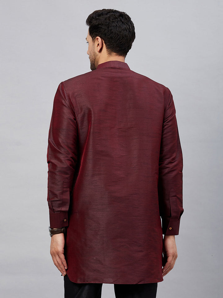 VM By VASTRAMY Men's Burgundy Silk Blend Curved Kurta