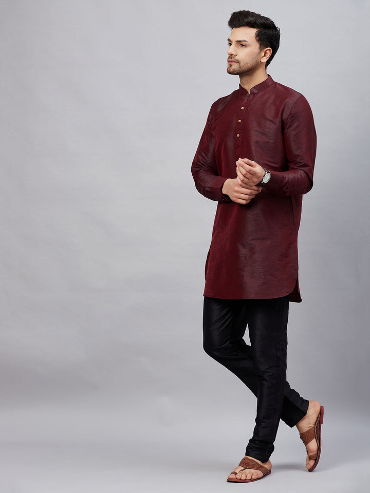 VM By VASTRAMAY Men's Wine Silk Blend Curved Kurta Pant Set