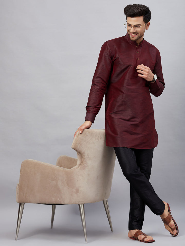 VM By VASTRAMAY Men's Wine Silk Blend Curved Kurta Pant Set