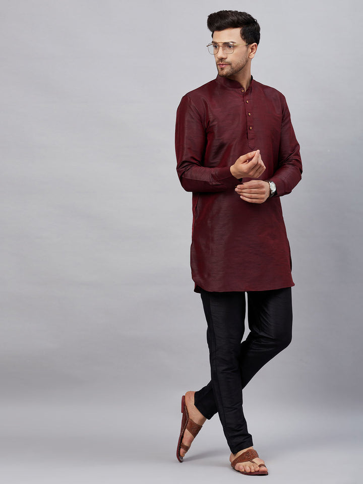 VM By VASTRAMAY Men's Wine Silk Blend Curved Kurta Pant Set