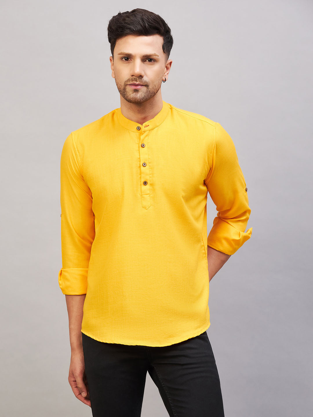 VM BY VASTRAMAY Men's Mustard Short Cotton Kurta