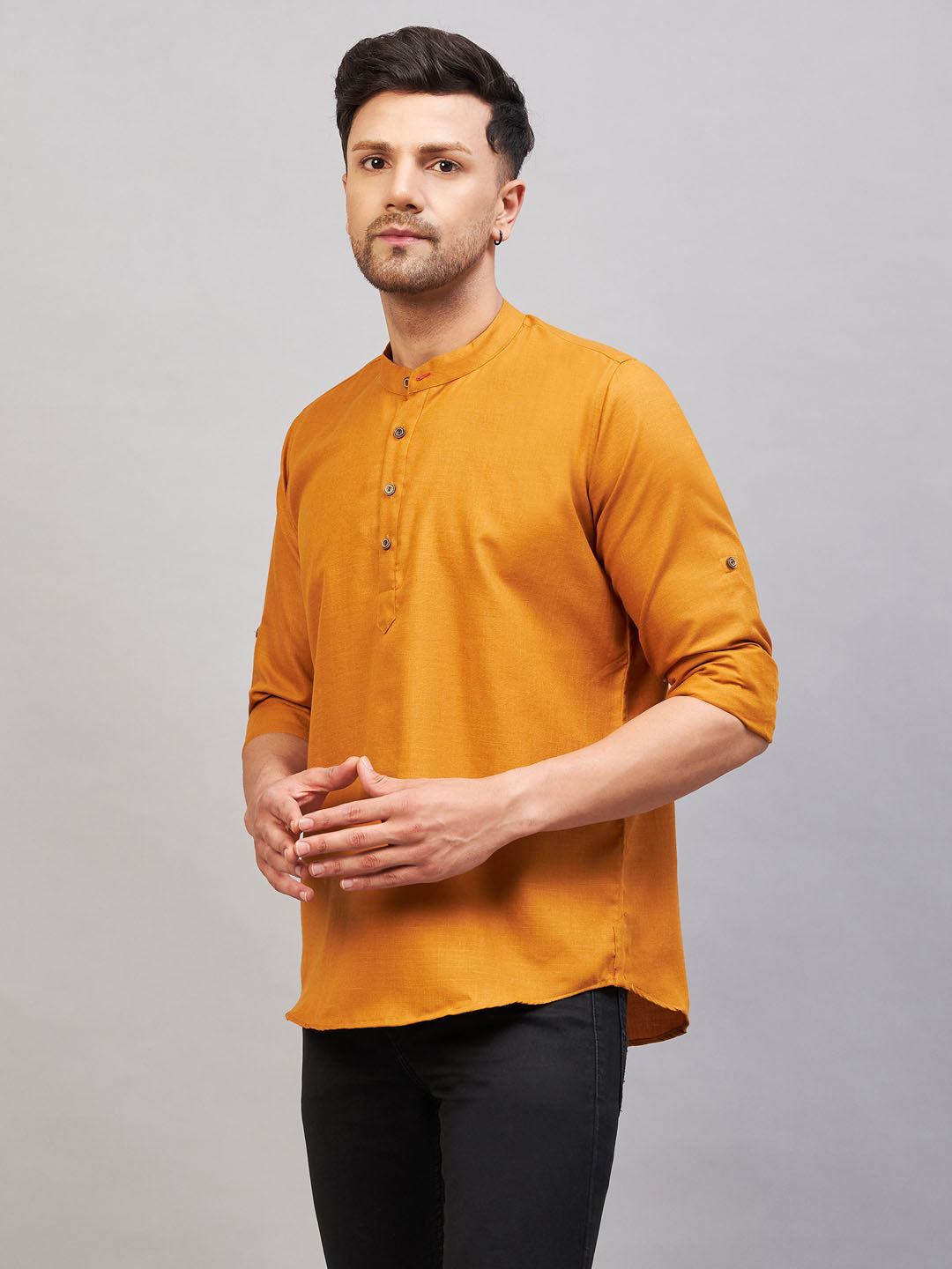 VM BY VASTRAMAY Men's Rust Short Cotton Kurta