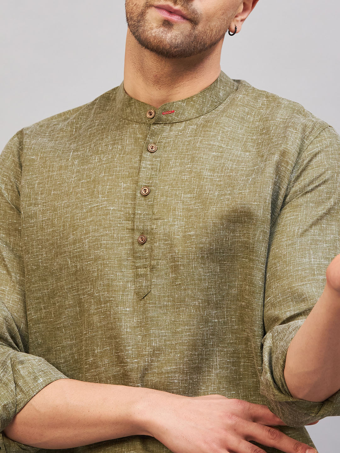 VM BY VASTRAMAY Men's Green Short Cotton Kurta