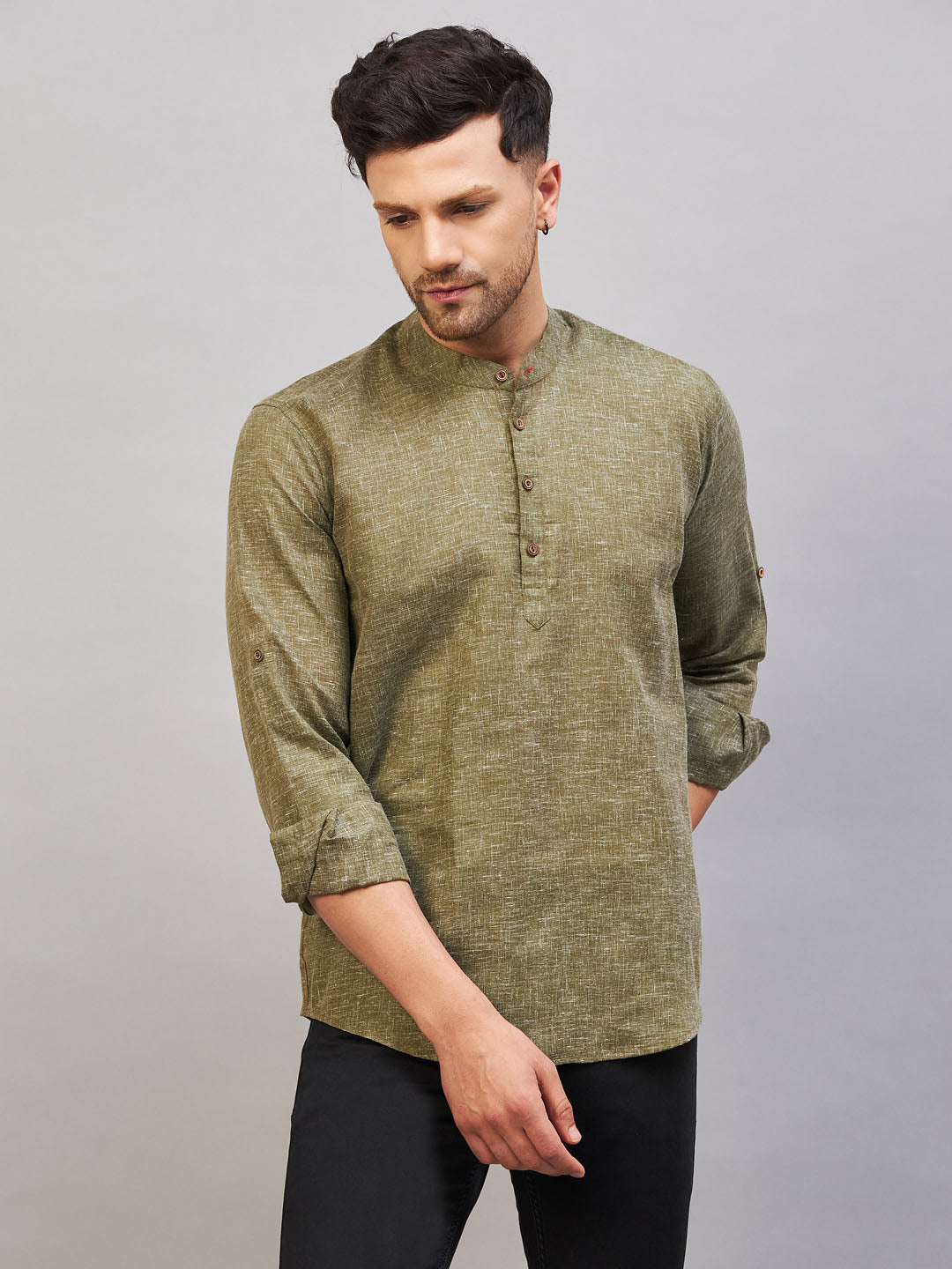 VM BY VASTRAMAY Men's Green Short Cotton Kurta