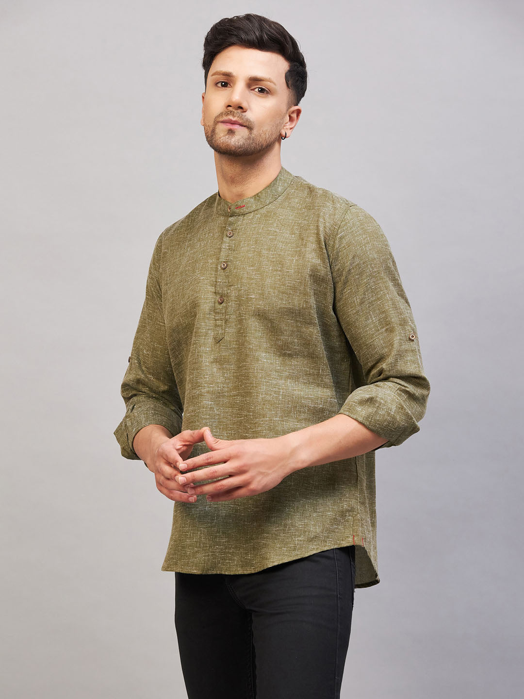 VM BY VASTRAMAY Men's Green Short Cotton Kurta