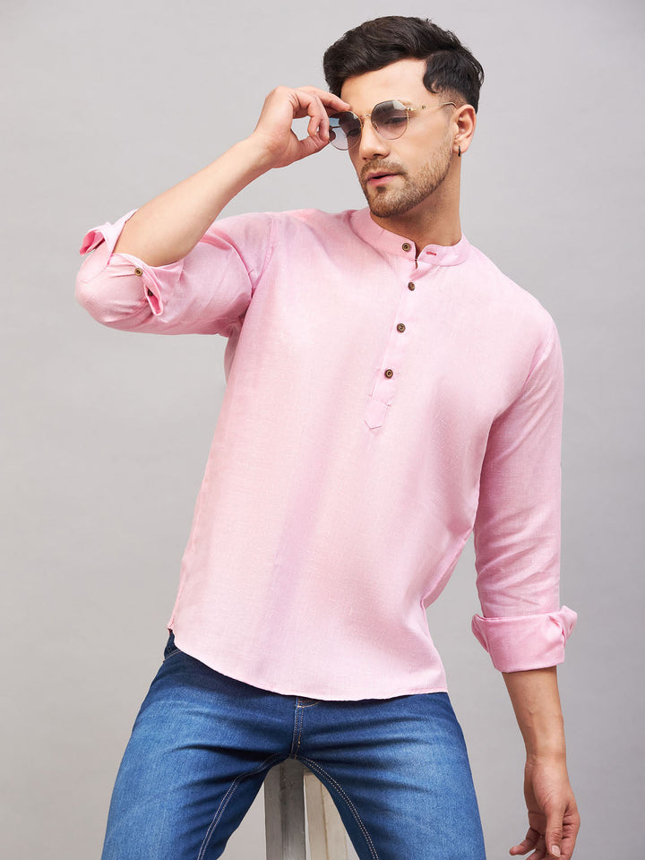 VM BY VASTRAMAY Men's Pink Short Cotton Kurta with Mandarin Collar and Front Placket