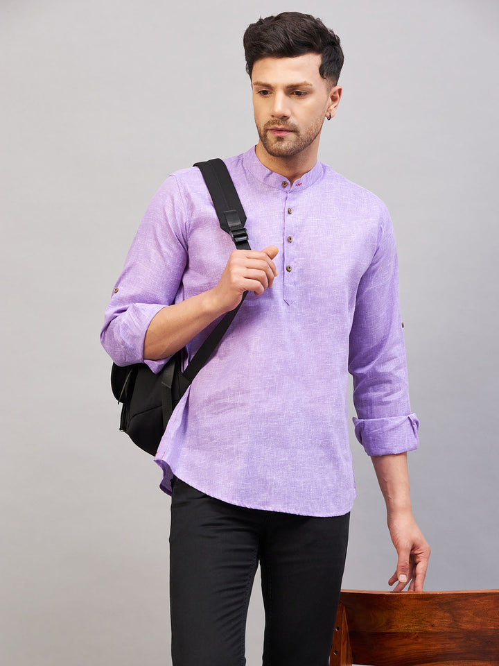 VASTRAMAY Men's Purple Cotton Kurta with intricate white embroidery and mandarin collar