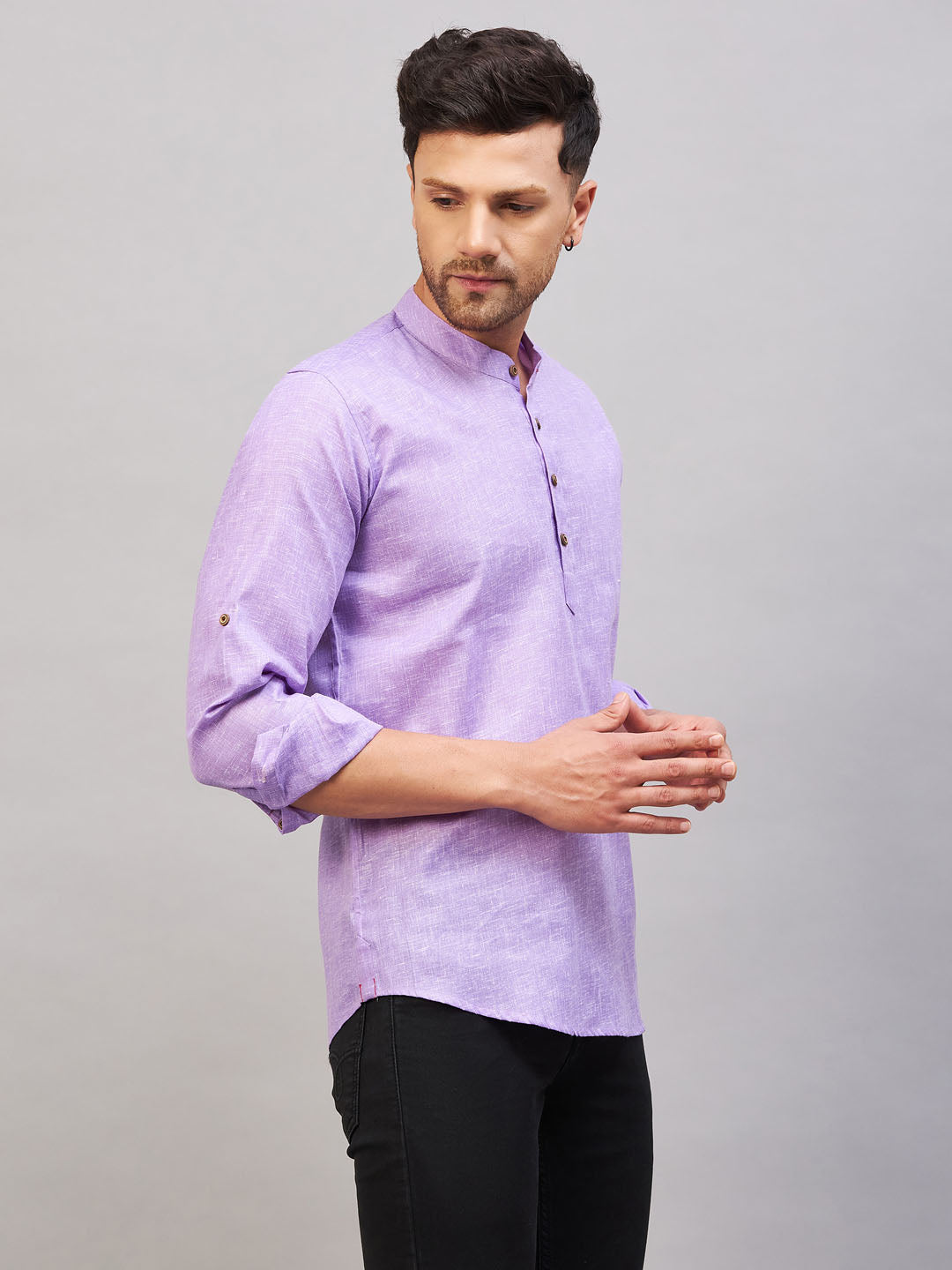 VM BY VASTRAMAY Men's Purple Short Cotton Kurta