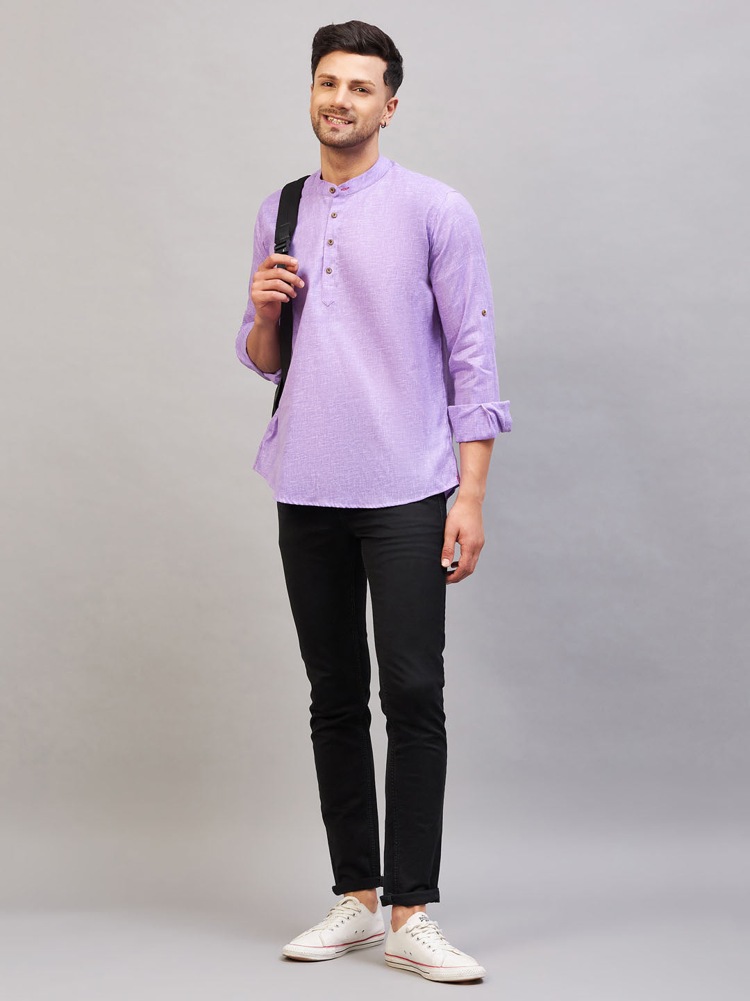  High-quality fabric and craftsmanship of the VM BY VASTRAMAY Men's Purple Short Cotton Kurta