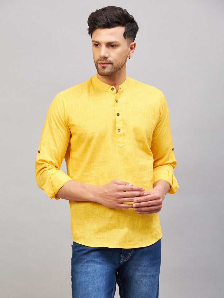 VM BY VASTRAMAY Men's Yellow Short Cotton Kurta, perfect for summer outings and casual events, features a mandarin collar and button placket