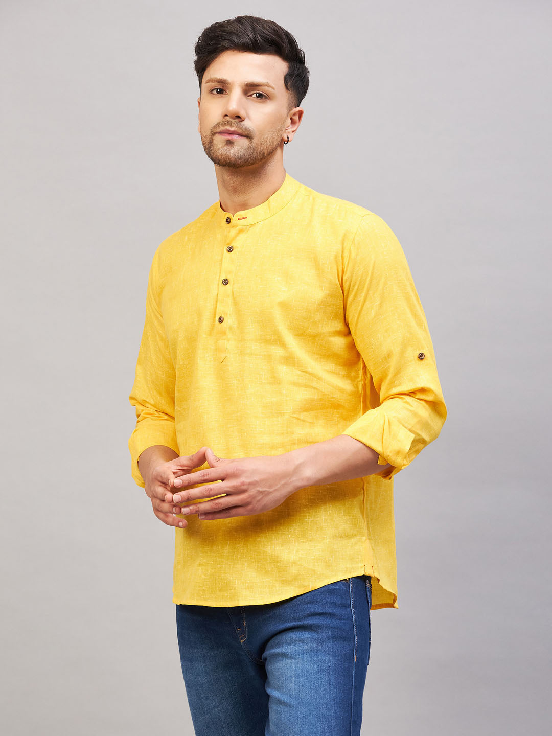 VM BY VASTRAMAY Men's Yellow Short Cotton Kurta