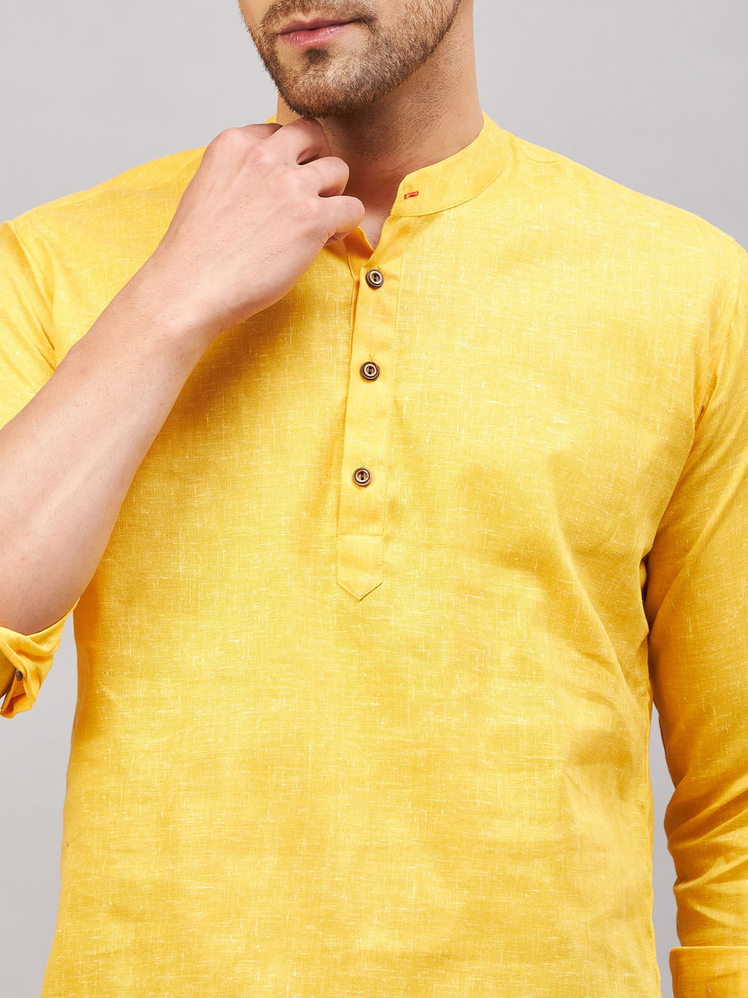 Men's yellow short cotton kurta with mandarin collar