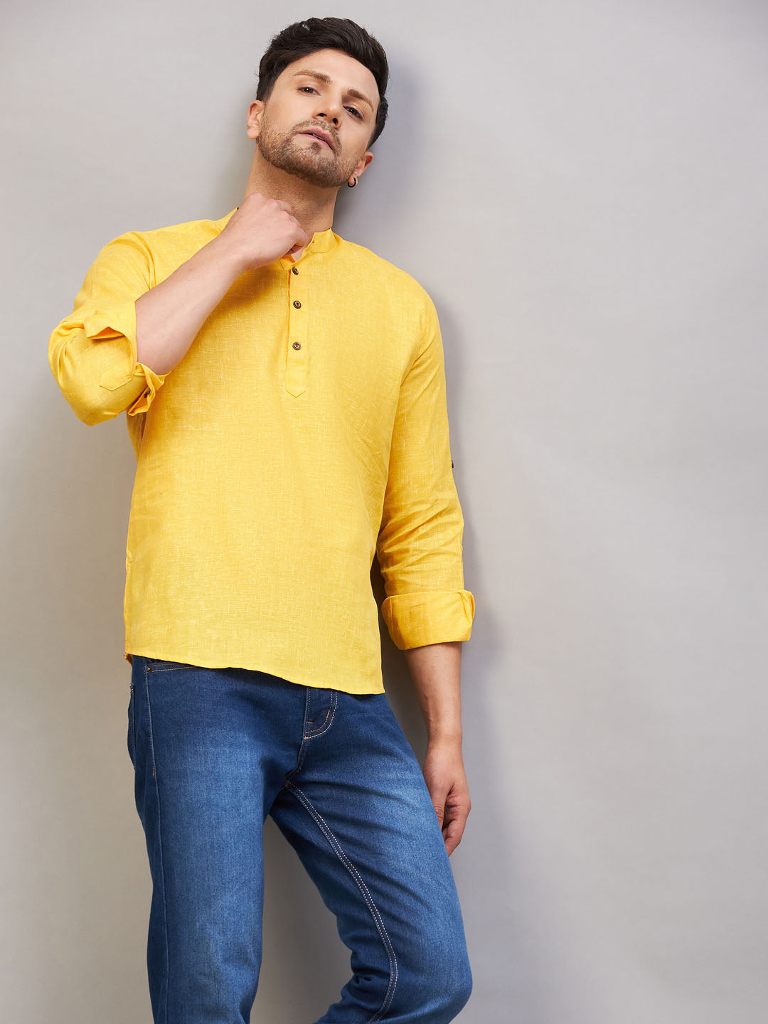 Classic yellow kurta with button placket and side slits