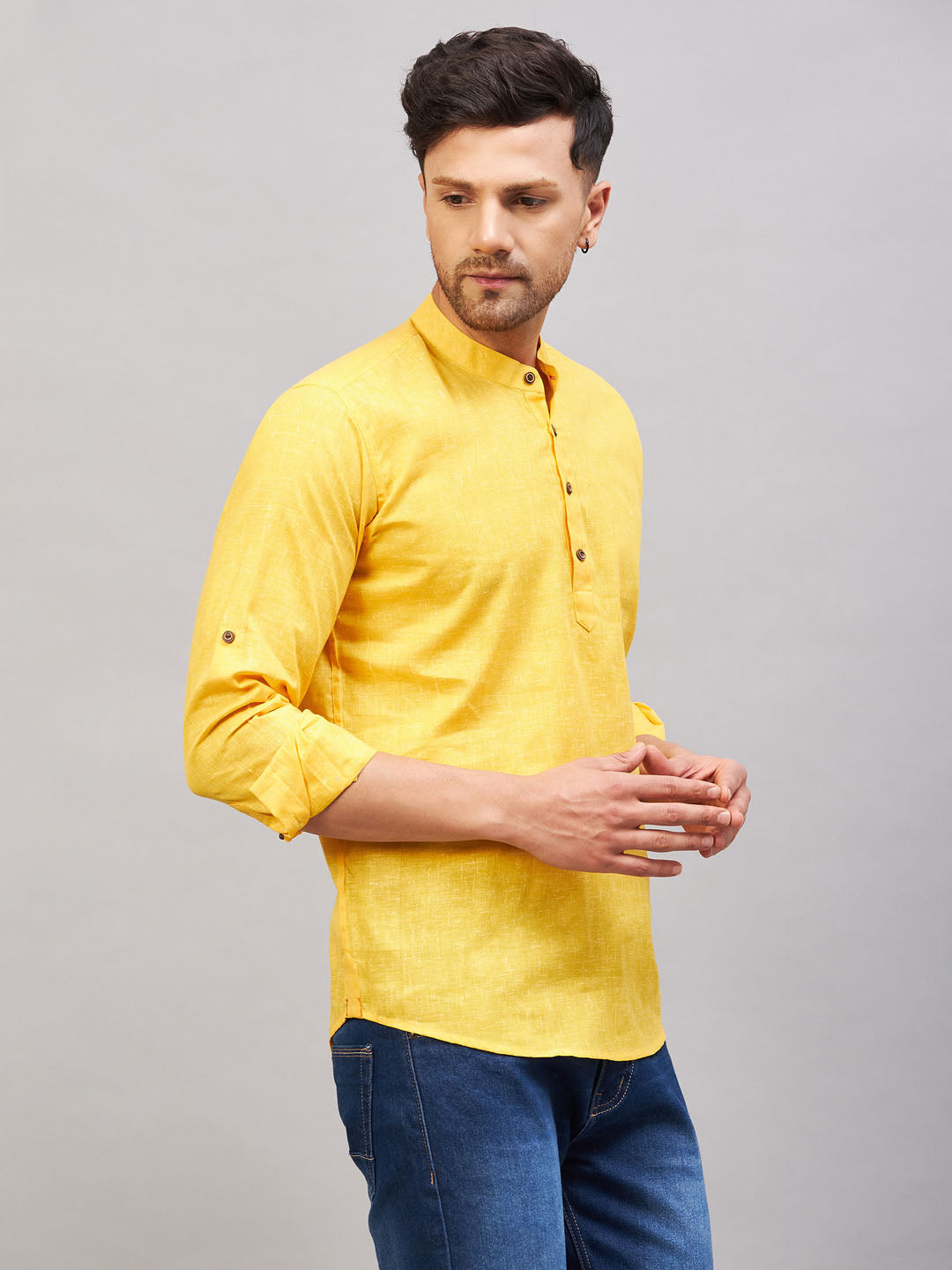 VM BY VASTRAMAY Men's Yellow Short Cotton Kurta