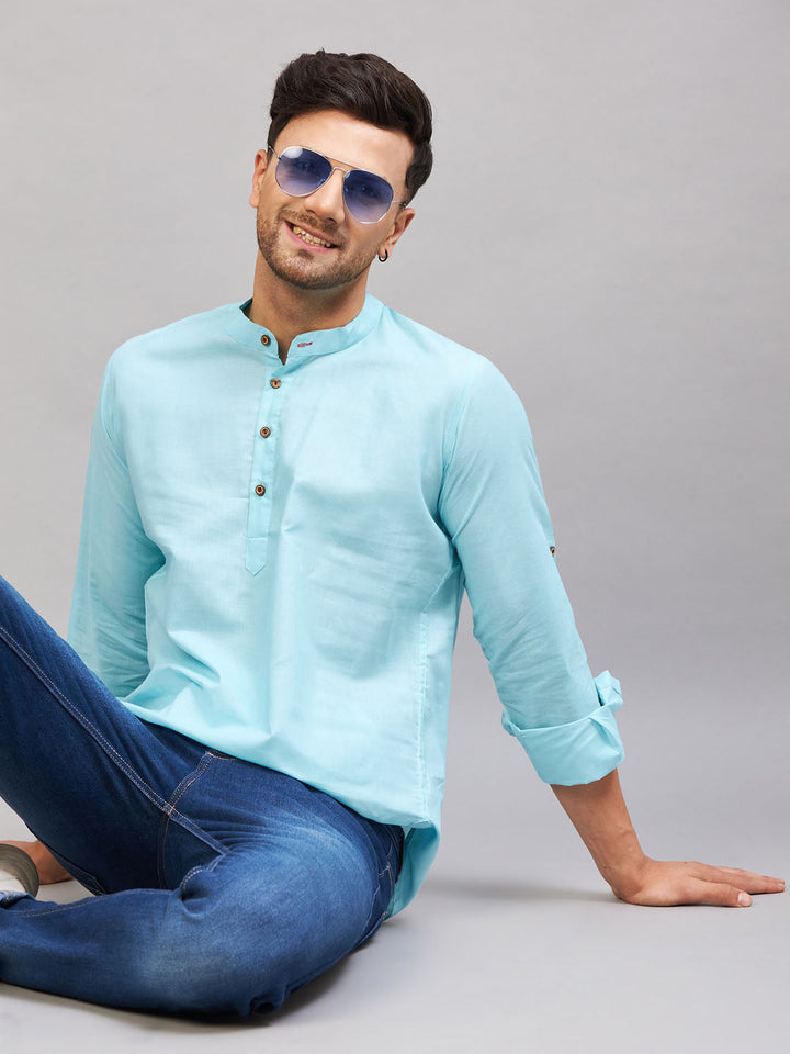 VM BY VASTRAMAY Men's Aqua Short Cotton Kurta with Mandarin Collar and Button Placket