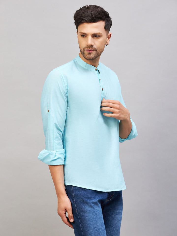  Elegant and Comfortable Men's Aqua Short Cotton Kurta by VM BY VASTRAMAY