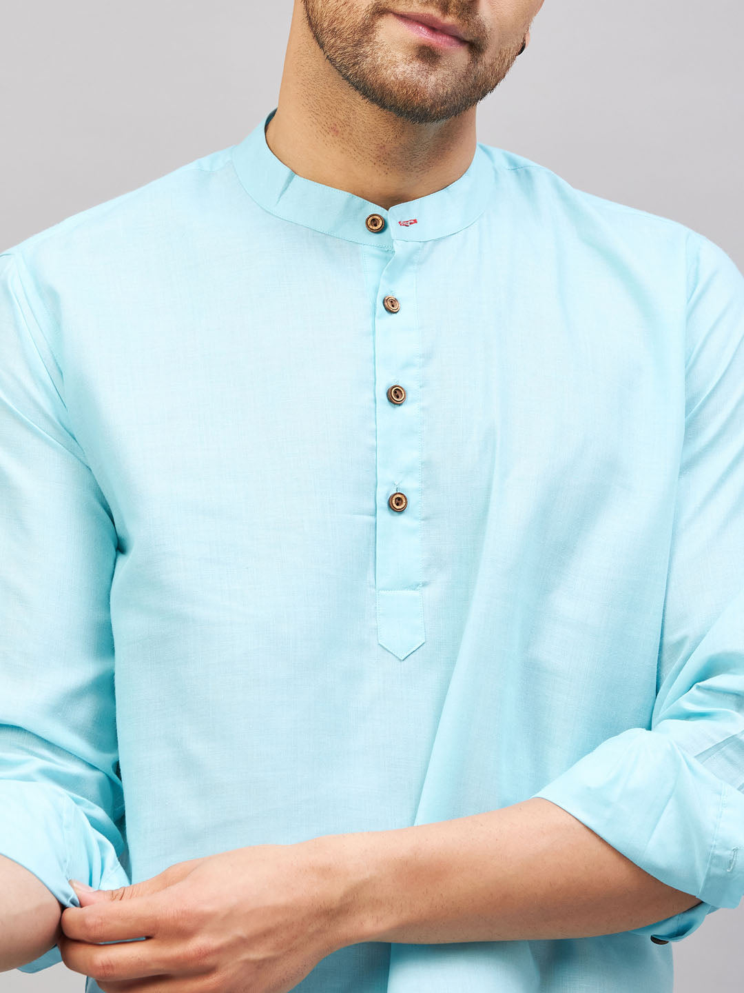 VM BY VASTRAMAY Men's Aqua Short Cotton Kurta