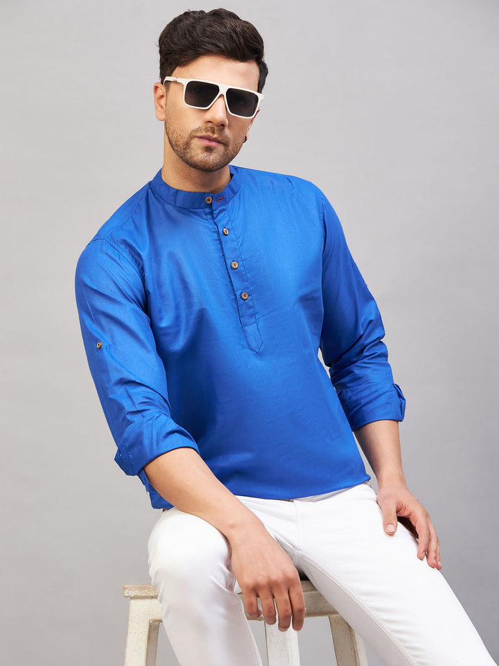 VM BY VASTRAMAY Men's Blue Short Cotton Kurta with Button Detailing and Mandarin Collar