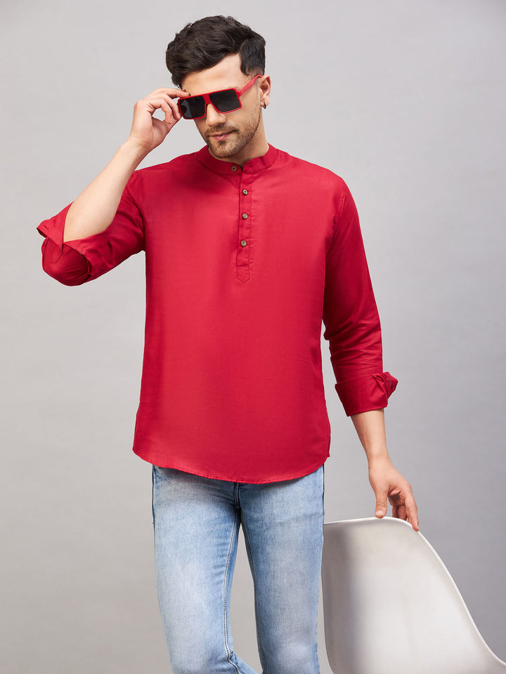 VM BY VASTRAMAY Men's Maroon Short Cotton Kurta