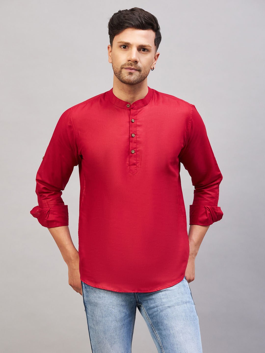 VM BY VASTRAMAY Men's Maroon Short Cotton Kurta