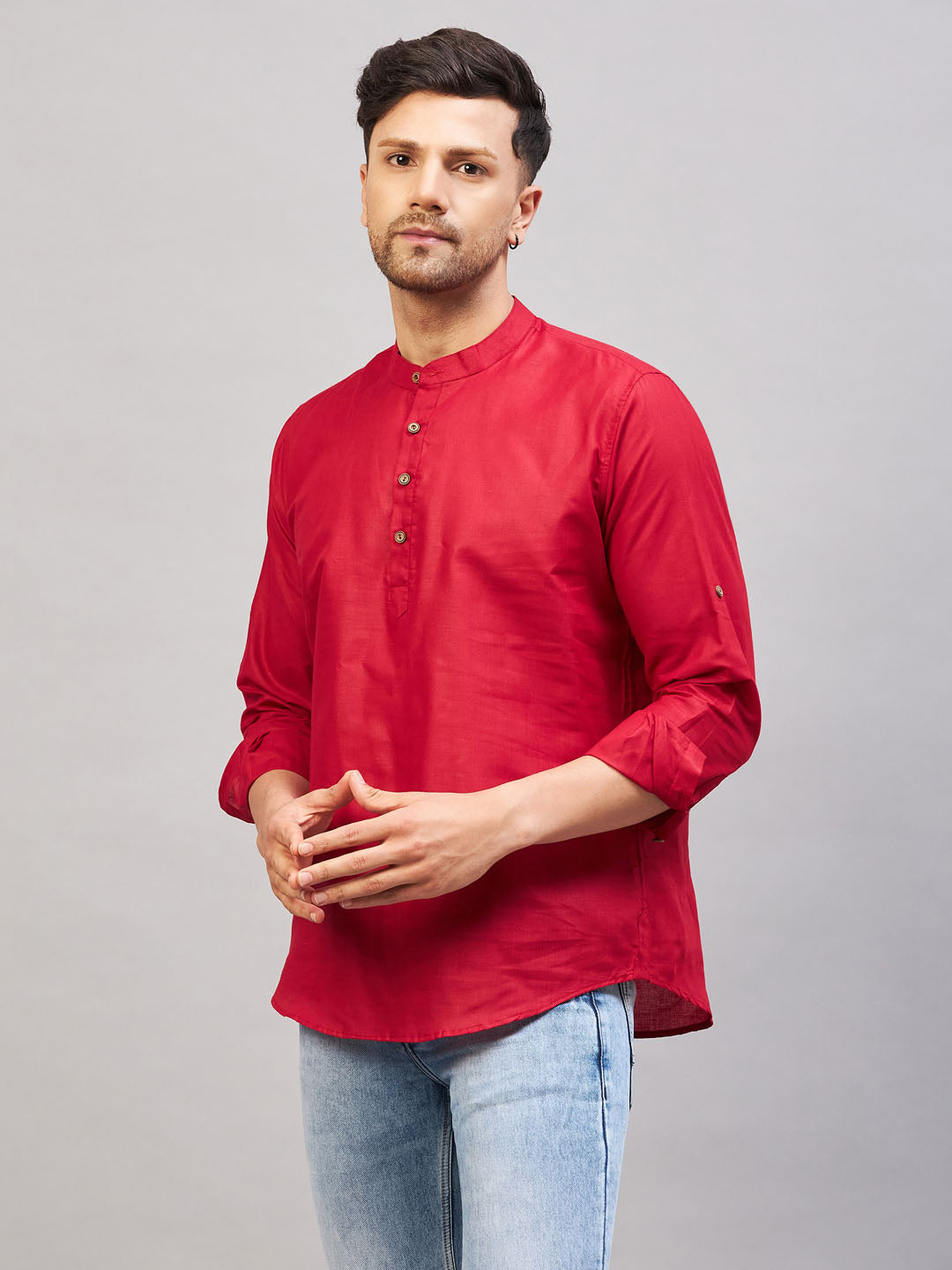  Stylish VM BY VASTRAMAY Men's Maroon Short Cotton Kurta with Embroidered Chest Pocket