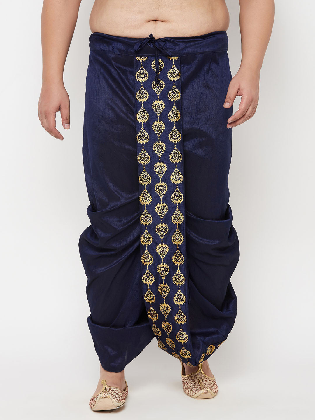 Embroidered navy blue cotton blend dhoti for plus size men