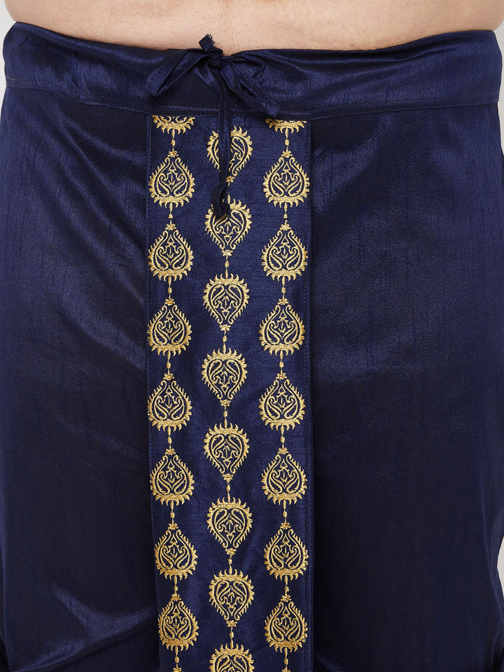 Vastramay Men's Plus Size Navy Blue  Cotton Blend Embroidered Traditional Dhoti