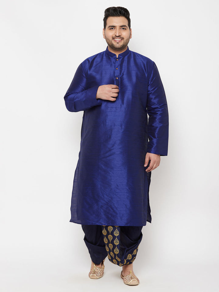 Vastramay Men's Plus Size Navy Blue  Cotton Blend Embroidered Traditional Dhoti