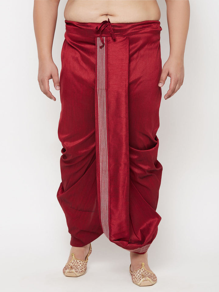 Men's plus size maroon cotton blend dhoti with detailed thread work for ethnic occasions