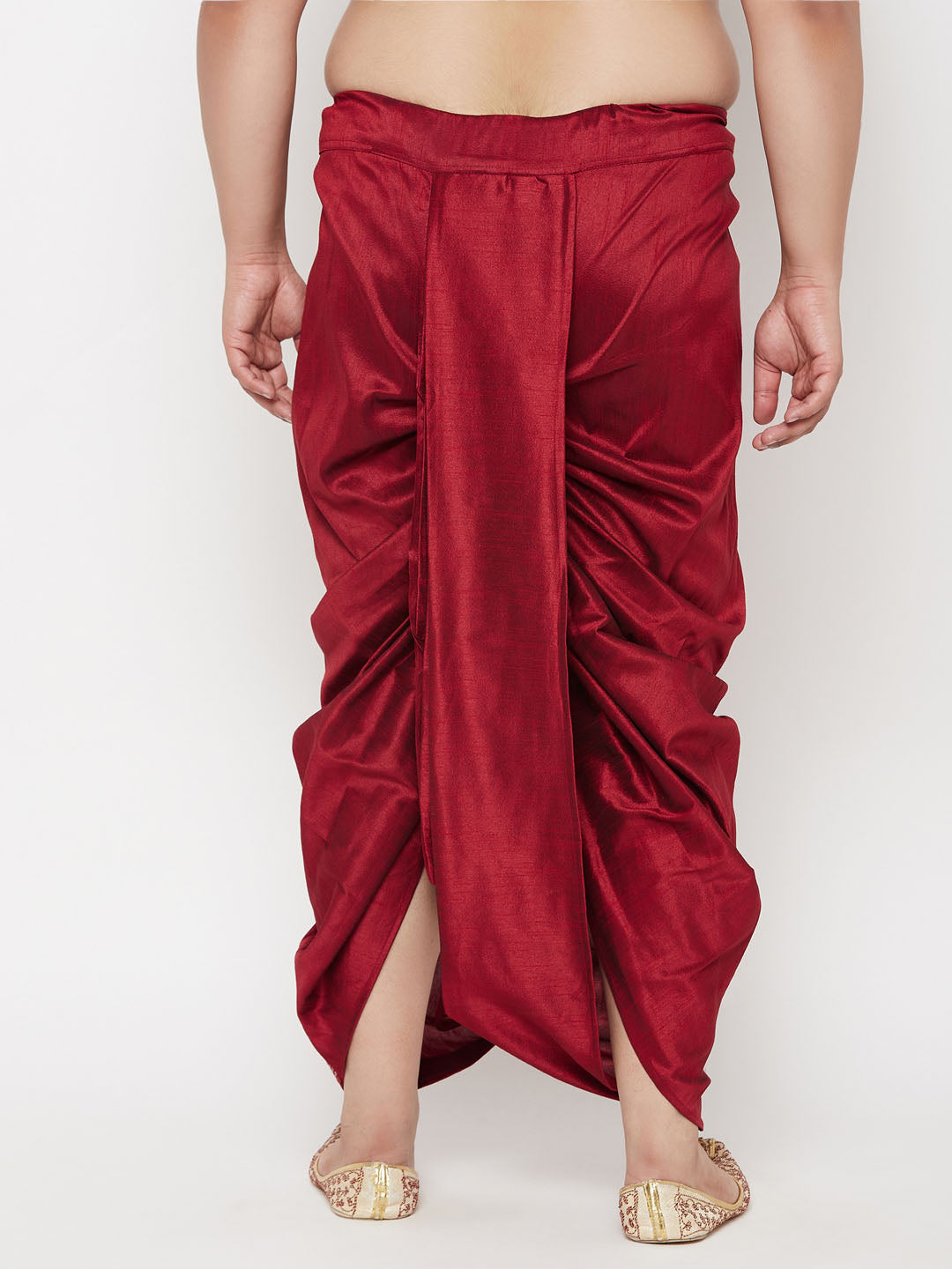 Alt text: Vastramay Men's Plus Size Maroon Cotton Blend Thread Work Traditional Dhoti - High quality cotton blend fabric with intricate thread work design