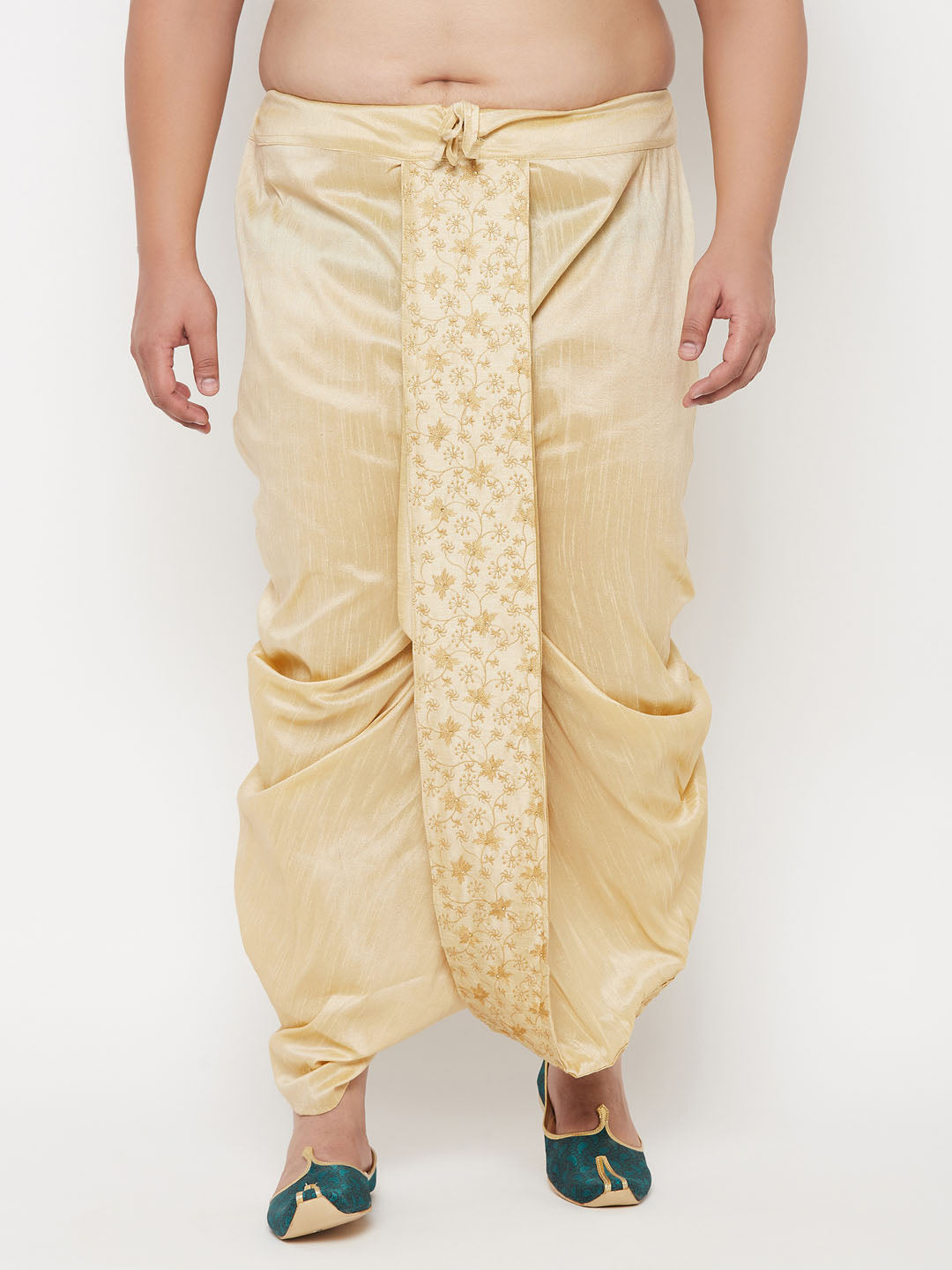 Vastramay Men's Plus Size Gold Cotton Blend Embroidered Traditional Dhoti for traditional Indian wear