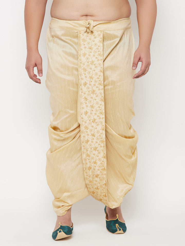 Vastramay Men's Plus Size Gold Cotton Blend Embroidered Traditional Dhoti