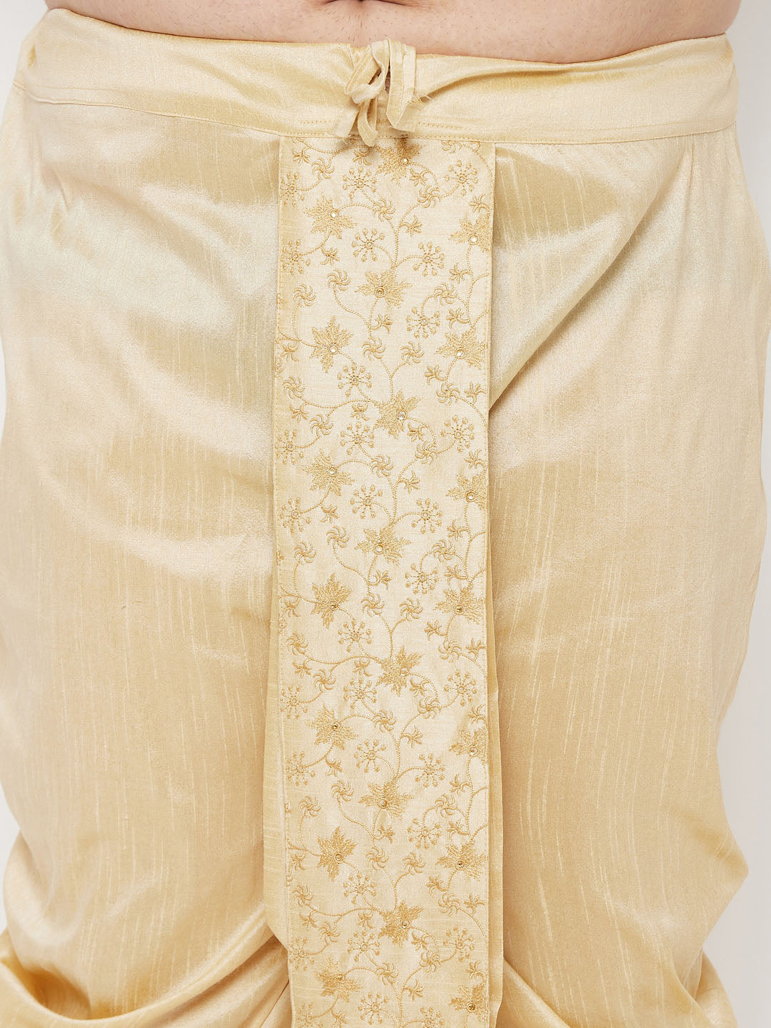 Vastramay Men's Plus Size Gold Cotton Blend Embroidered Traditional Dhoti with intricate gold embroidery