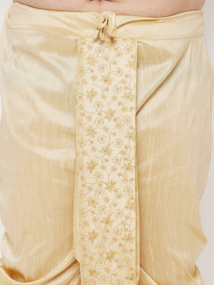 Vastramay Men's Plus Size Gold Cotton Blend Embroidered Traditional Dhoti