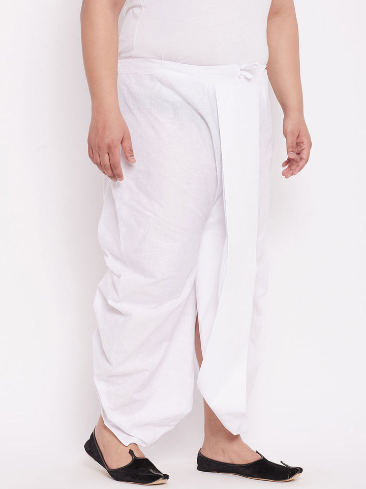  Vastramay Men's Plus Size Pure Cotton White Traditional Dhoti - Side View Showing Length and Fit