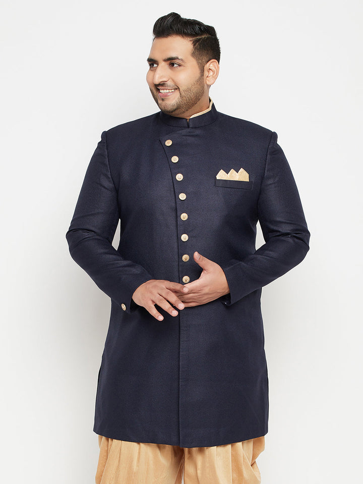 VASTRAMAY Men's Plus Size Navy Blue Slim Fit Sherwani Only Top