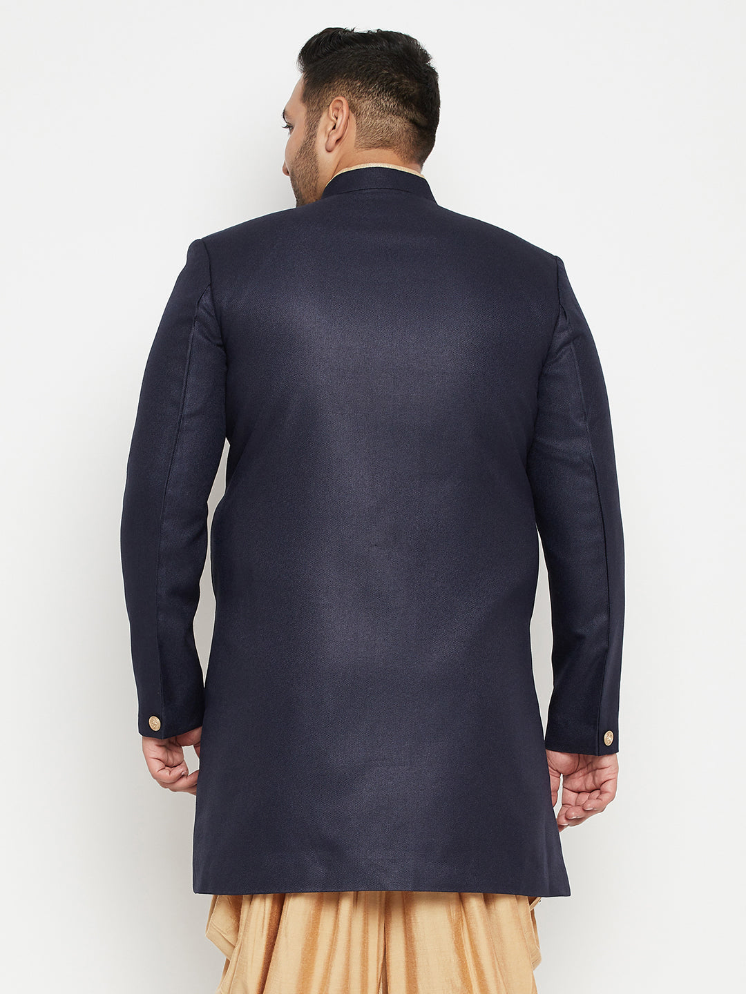 VASTRAMAY Men's Navy Blue Slim Fit Sherwani with Gold Embroidery and Button Details