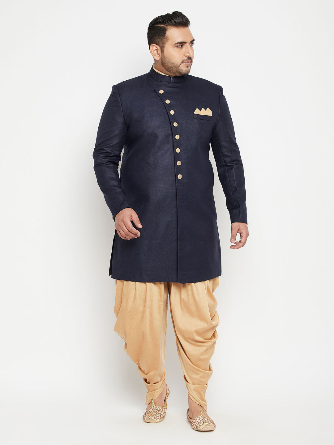 High-quality fabric and intricate detailing on the sherwani top