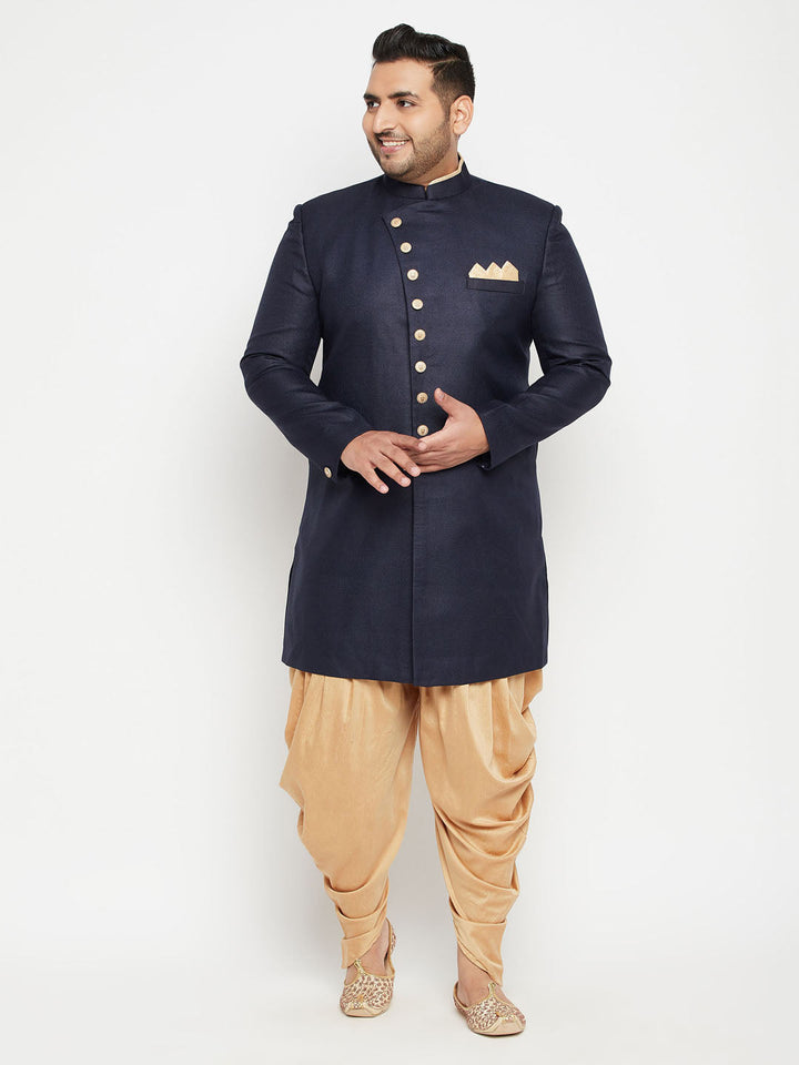 Men's plus size navy blue slim fit sherwani set with intricate embroidery and mandarin collar