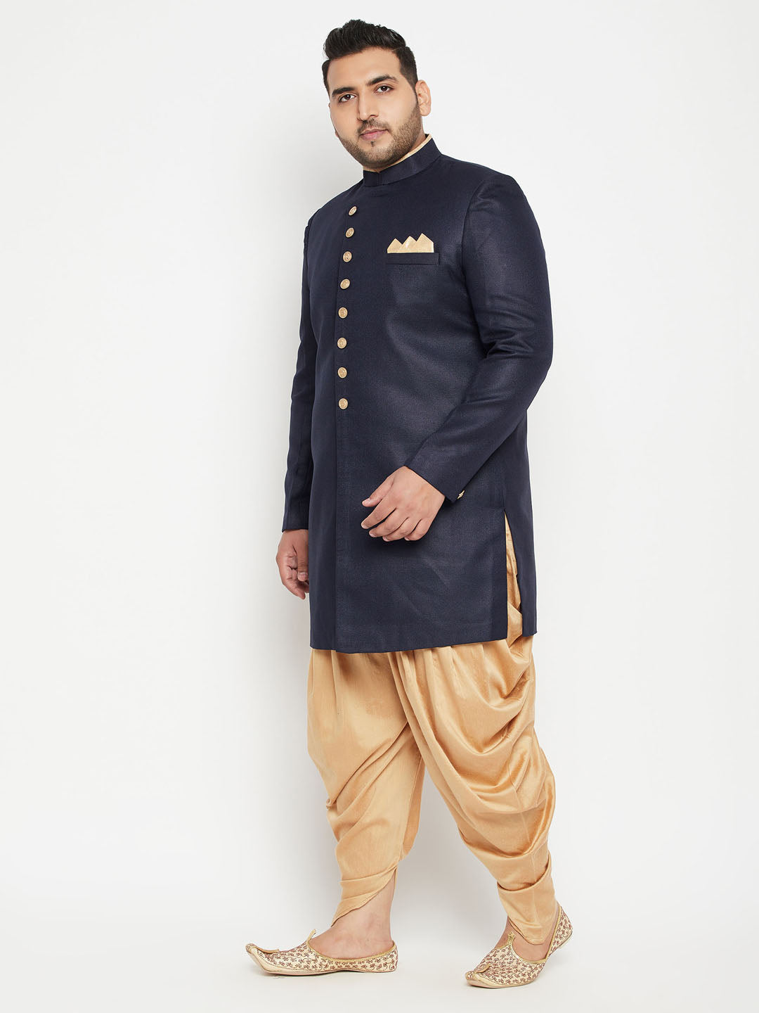 VASTRAMAY Men's Plus Size Navy Blue Slim Fit Sherwani Set