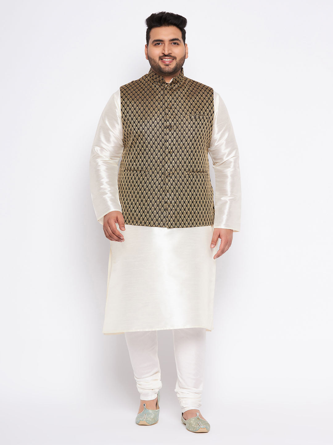 VASTRAMAY Men's Plus Size  Black Ethnic Jacket With Cream Silk Blend Kurta and Pyjama Set