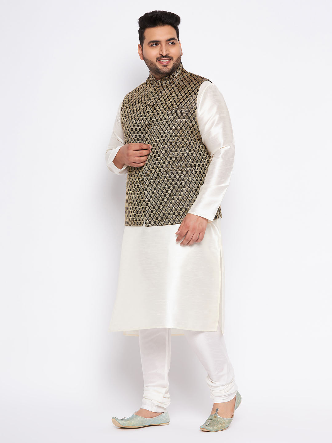 VASTRAMAY Men's Plus Size  Black Ethnic Jacket With Cream Silk Blend Kurta and Pyjama Set