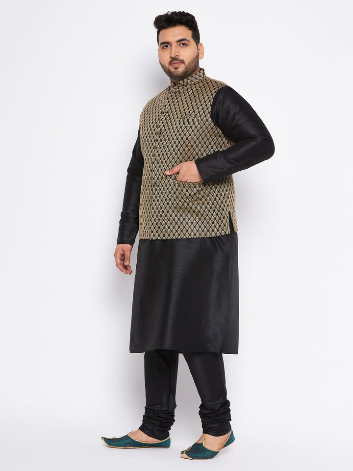 VASTRAMAY Men's Plus Size  Black Ethnic Jacket With black Silk Blend Kurta and Pyjama Set