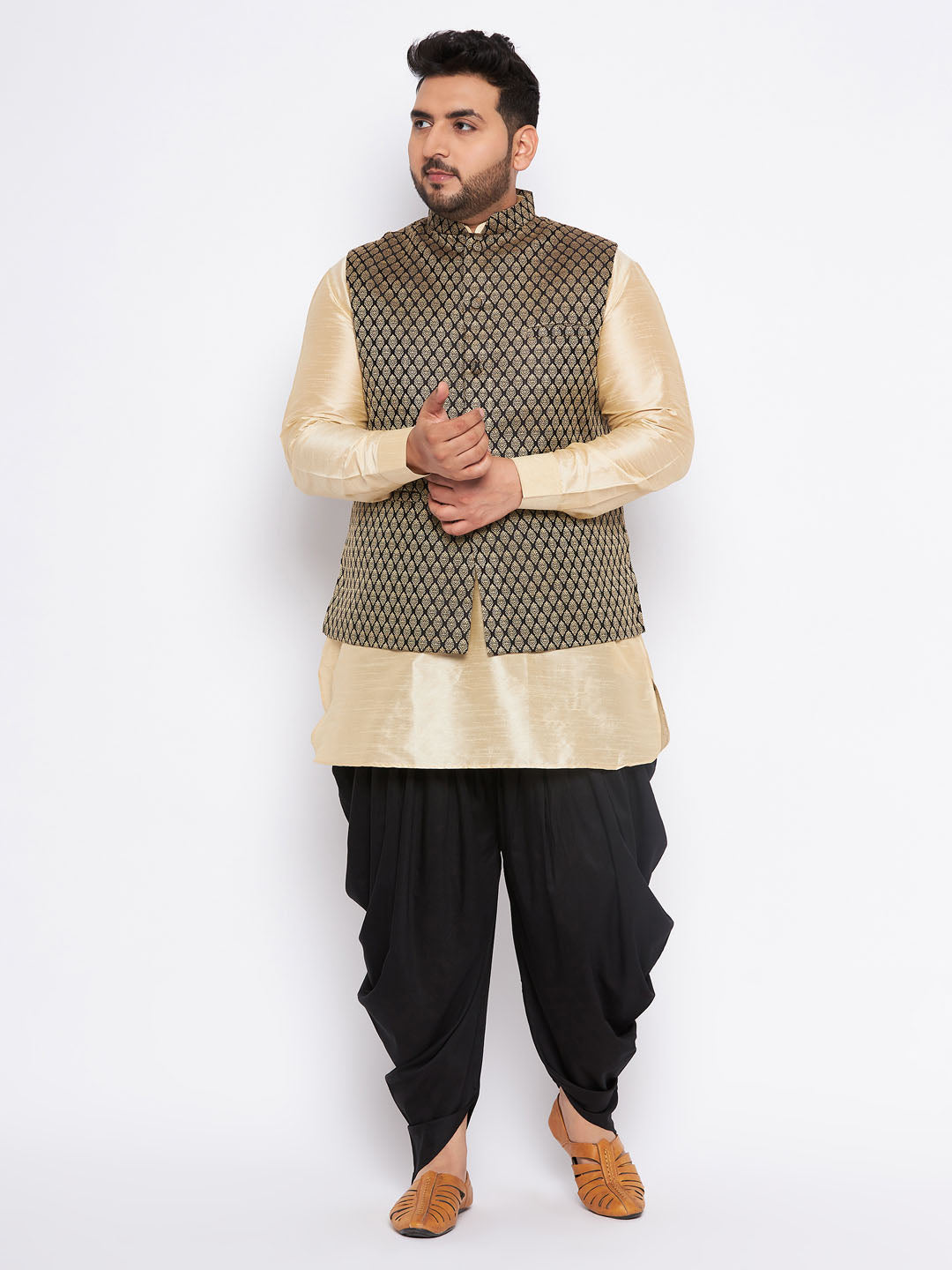  A close-up of the VASTRAMAY Men's Plus Size Black Ethnic Jacket With golden Silk Blend Kurta and black dhoti Set, showcasing the fine embroidery and craftsmanship of the traditional Indian attire, perfect for cultural celebrations and formal gatherings