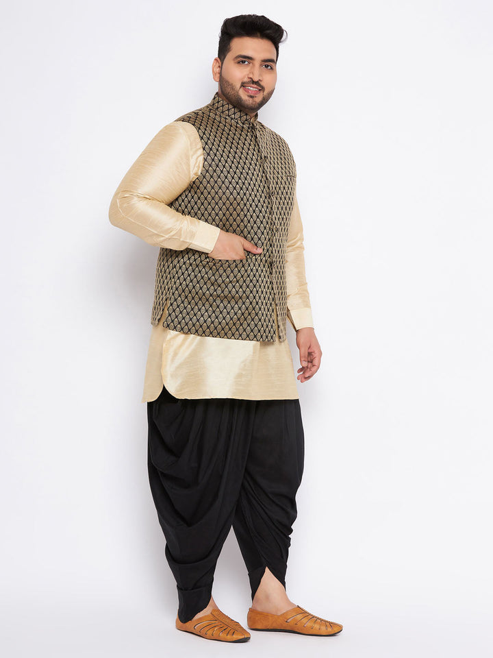 VASTRAMAY Men's Plus Size  Black Ethnic Jacket With golden Silk Blend Kurta and black dhoti Set