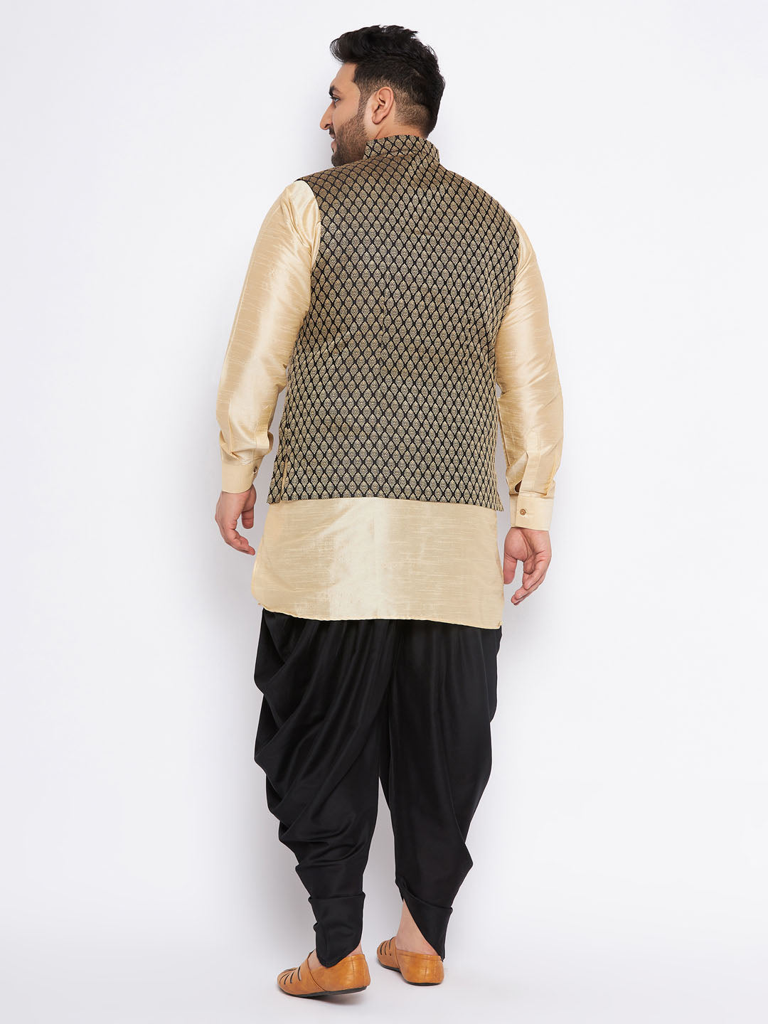 VASTRAMAY Men's Plus Size Black Ethnic Jacket with Golden Silk Blend Kurta and Black Dhoti Set, Traditional Indian Outfit for Special Occasions